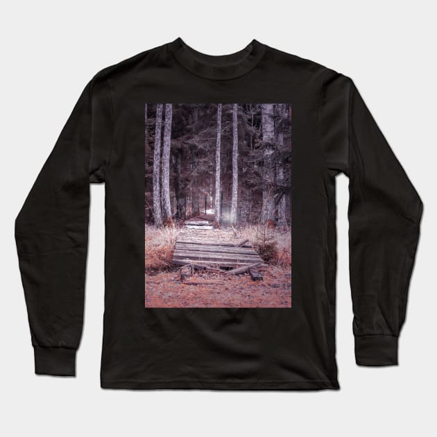 Old wooden bridge in forest Long Sleeve T-Shirt by lena-maximova
